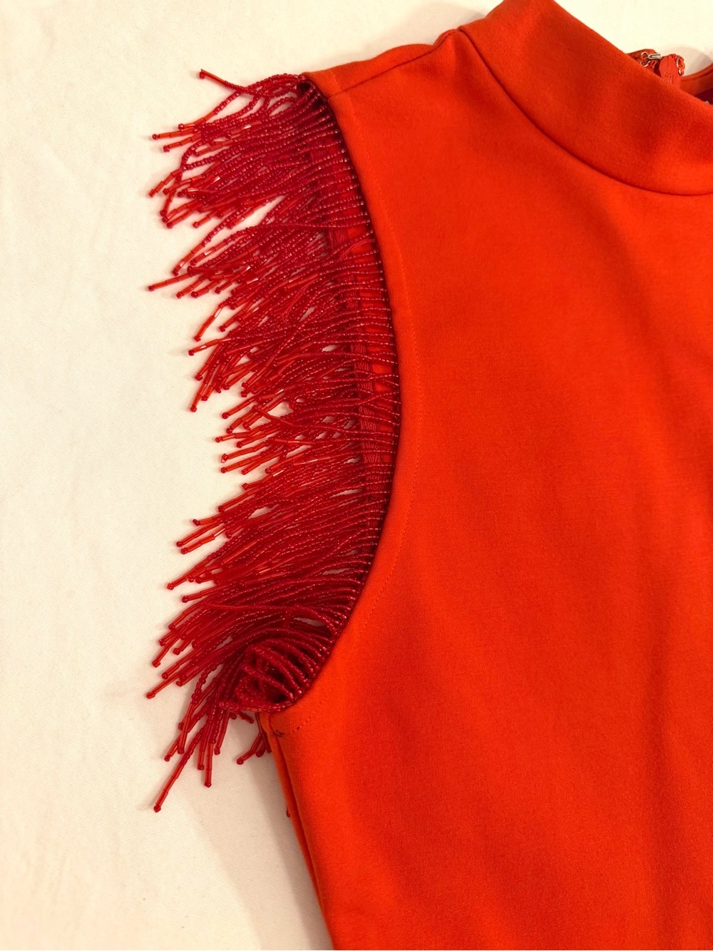 STAUD Mini Kirsten Dress in Fire Red Long-Sleeve with Fringe Cutouts Size Small - Picture 3 of 15